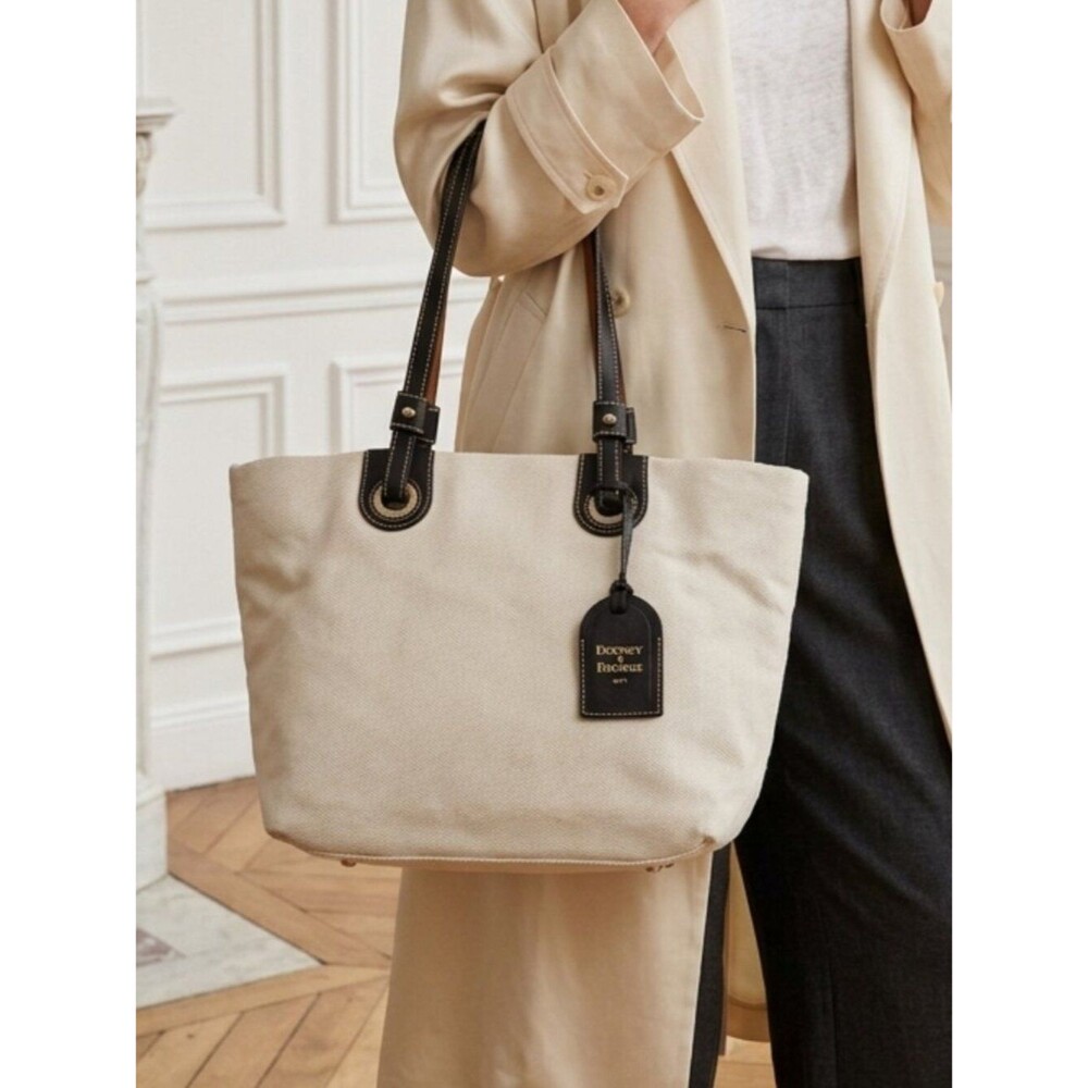 Dooney & Bourke Cream Canvas Tote with Black Leather Leather Handles